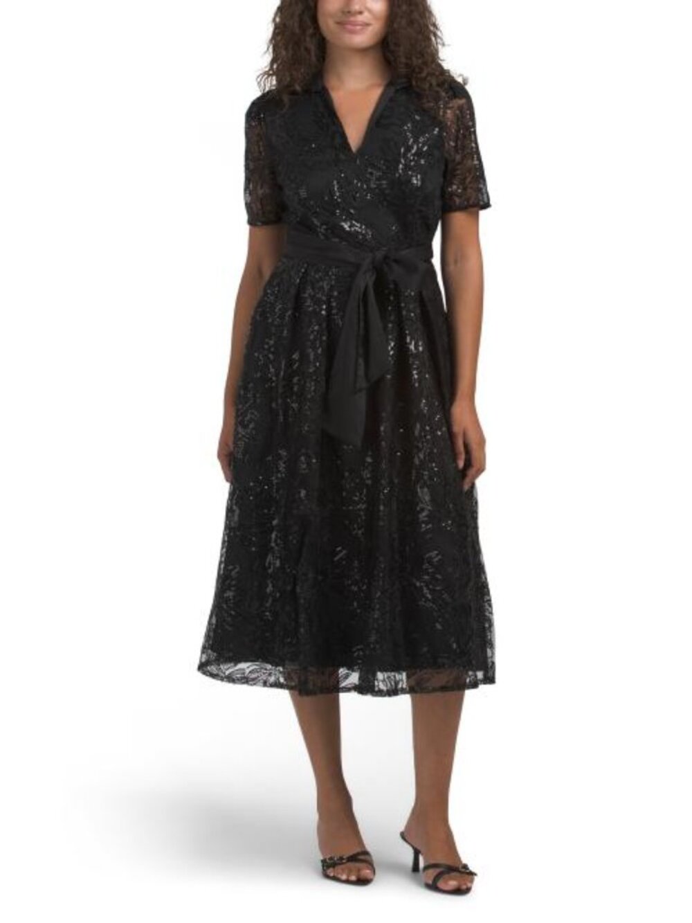 TAHARI ASL V-neck Sequin Satin Sash Dress